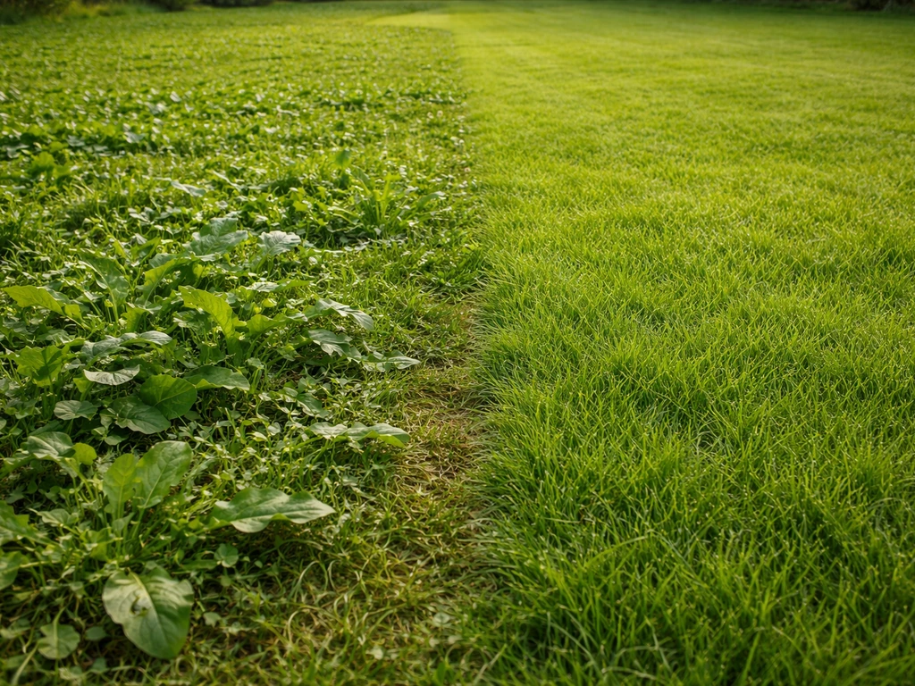 Pelouse française avec zones envahies de mauvaises herbes à feuilles larges et partie de gazon dense et verte.