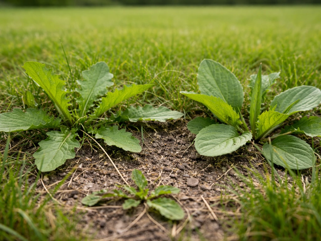 Gros plan sur une pelouse avec mauvaises herbes à feuilles larges (pissenlit/plantain) bien visibles.