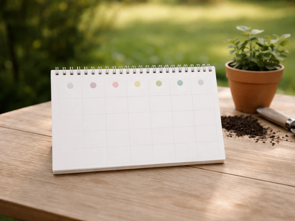 Un calendrier vierge sur une table, pastilles couleur marquant la période autorisée de janvier à juillet.