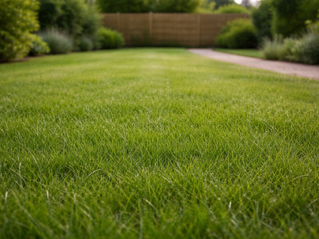 Pelouse ressuyée après arrosage, sol sec sans flaque, lumière naturelle, absence de vent.