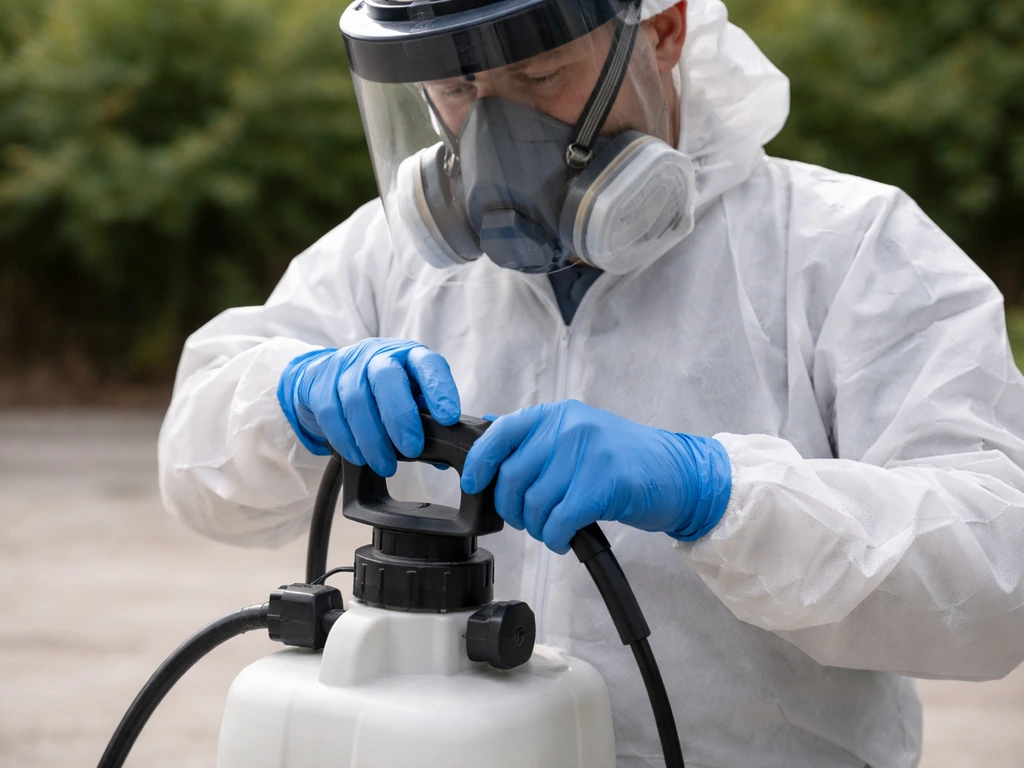 Utilisateur anonyme équipé d’EPI (gants nitrile, vêtement de protection, masque/écran) près d’une zone de traitement.