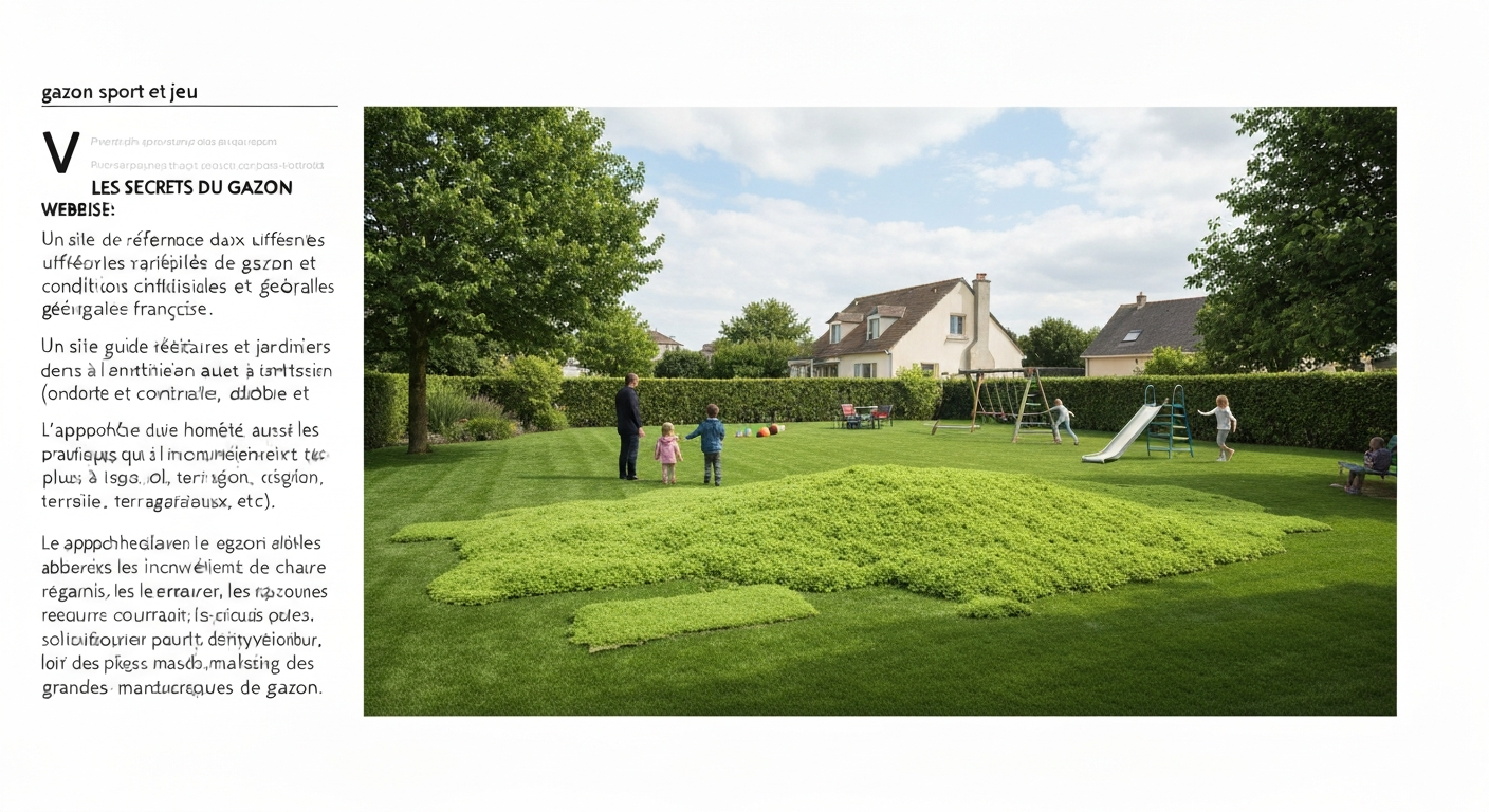 Pelouse verte type « sport et jeu » dans un jardin familial français, avec aire de jeu en arrière-plan et zones regarnies.