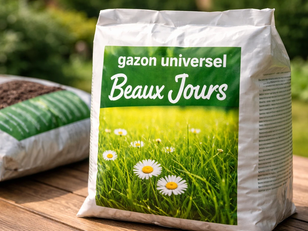 Gros plan d’un emballage de gazon “Beaux Jours” posé près de terreau, étiquette principale au premier plan.