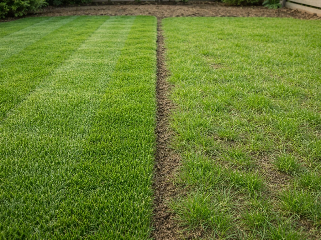 Comparaison côte à côte entre gazon en rouleaux cultivé et pelouse semée, texture et densité différentes.