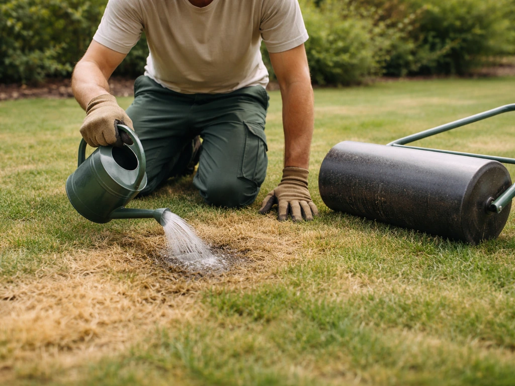 Jardinier anonyme arrosant une zone jaunie du gazon, avec rouleau/compacteur au sol pour vérifier le contact.