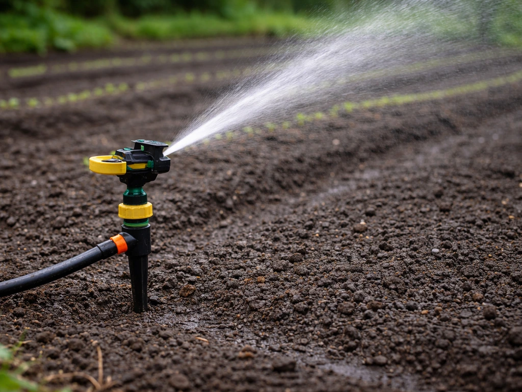 Arroseur de jardin lançant un jet fin sur une terre sombre et légèrement humide, proche de la levée.