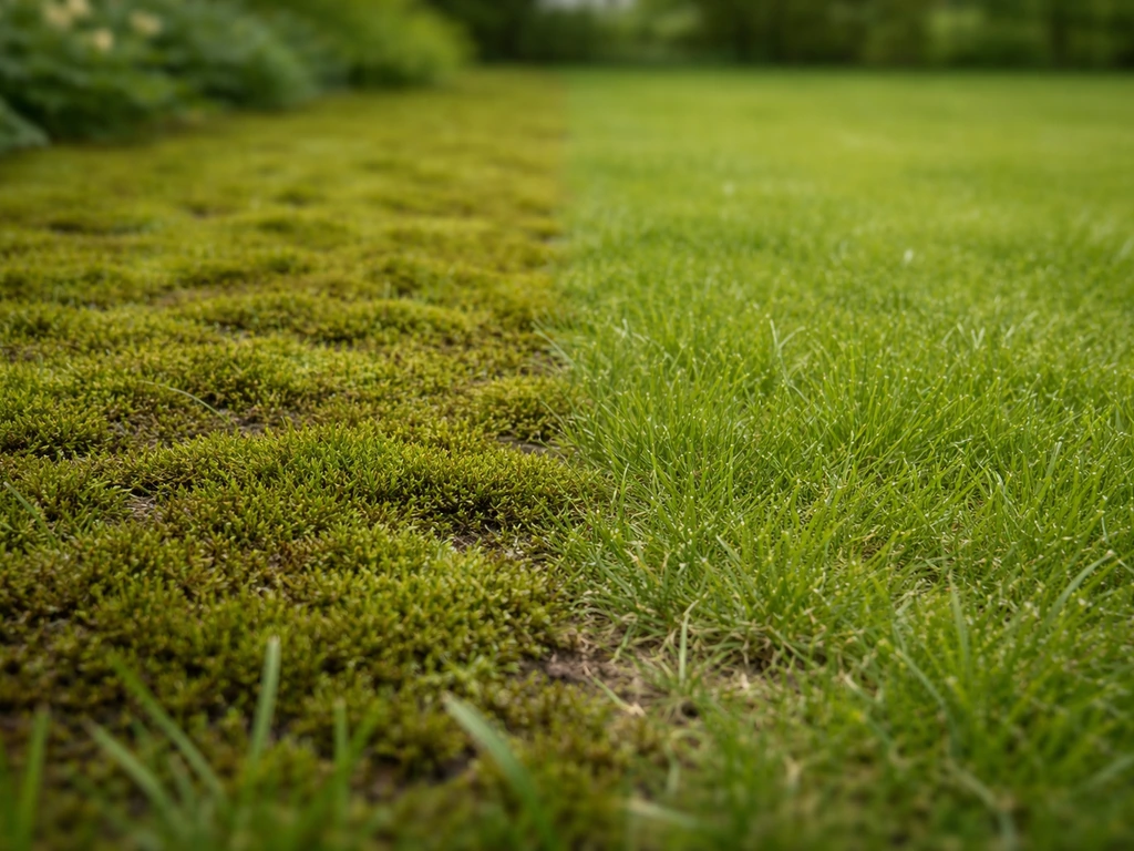 Pelouse divisée : zone dense de mousse humide à gauche et gazon plus propre à droite.