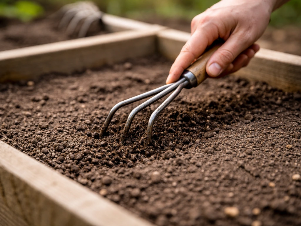 Terre de semis croutée et compacte sans brins, une main ameublit la surface pour resemer.