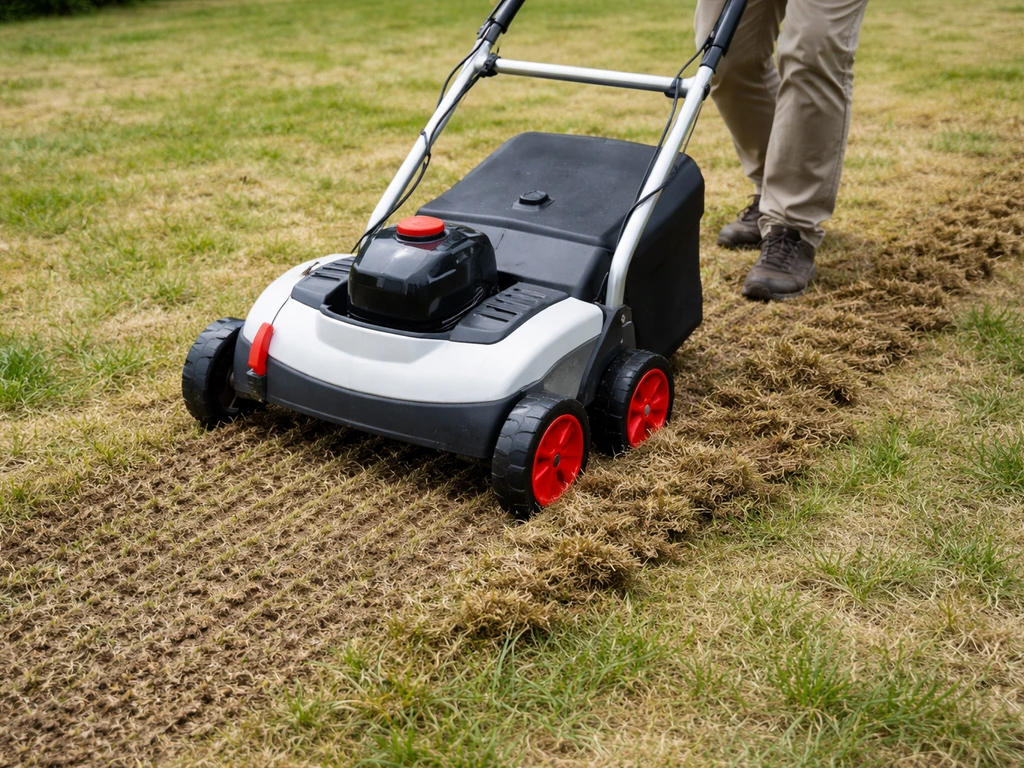 Scarificateur en action sur une pelouse, incisions verticales pour casser un feutrage épais et de la mousse.