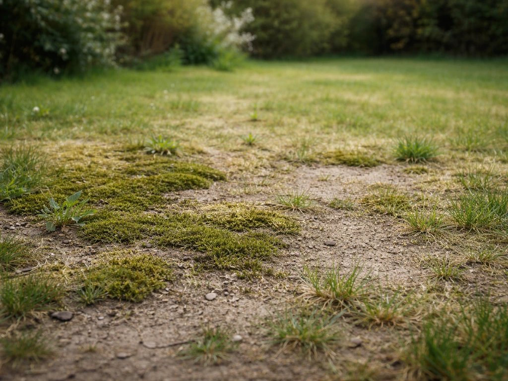 Pelouse de printemps avec mousse, mauvaises herbes et zones jaunies décolorées, vue rapprochée.