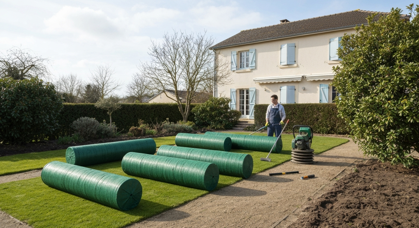 Pose de gazon de placage dans un jardin français : rouleaux déroulés, arrosage et outillage.