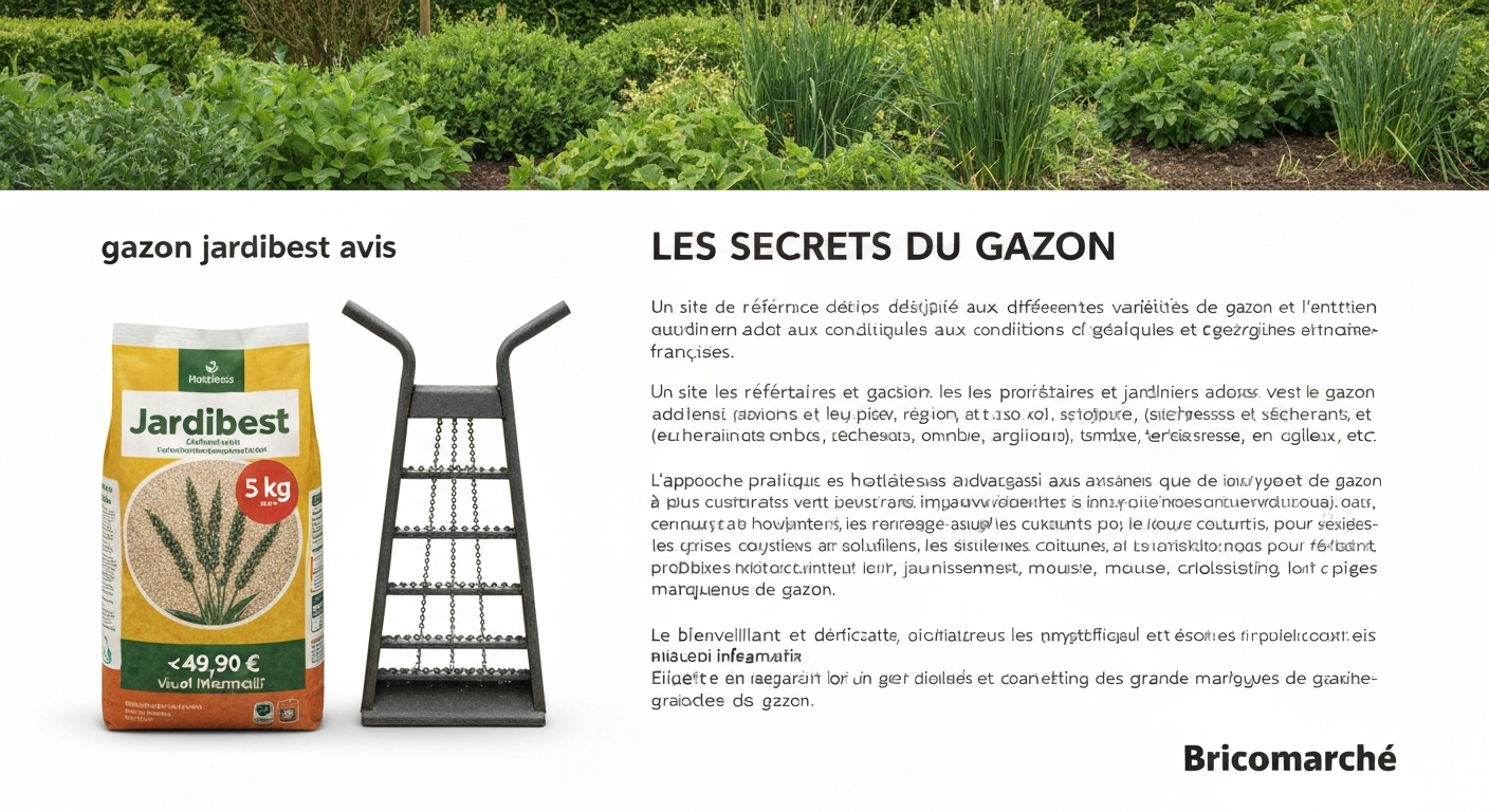Sac de graines Jardibest posé dans un jardin au printemps, pelouse en semis et outils de jardin à côté