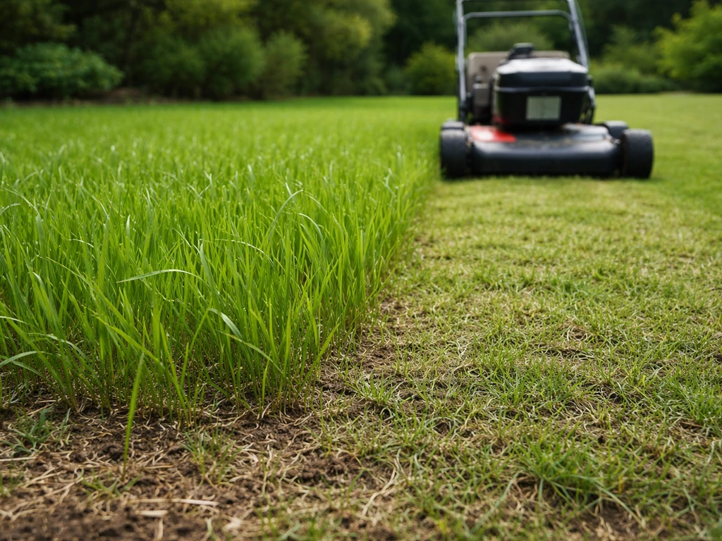 Pelouse fraîchement semée, brins d’herbe à 8–10 cm avec hauteur de coupe visiblement haute (plus de 5 cm).