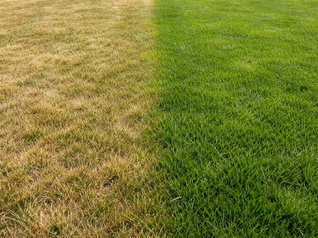 Tapis de gazon jaune/brun en été puis reprise verte après arrosage, même pelouse vue d’en haut