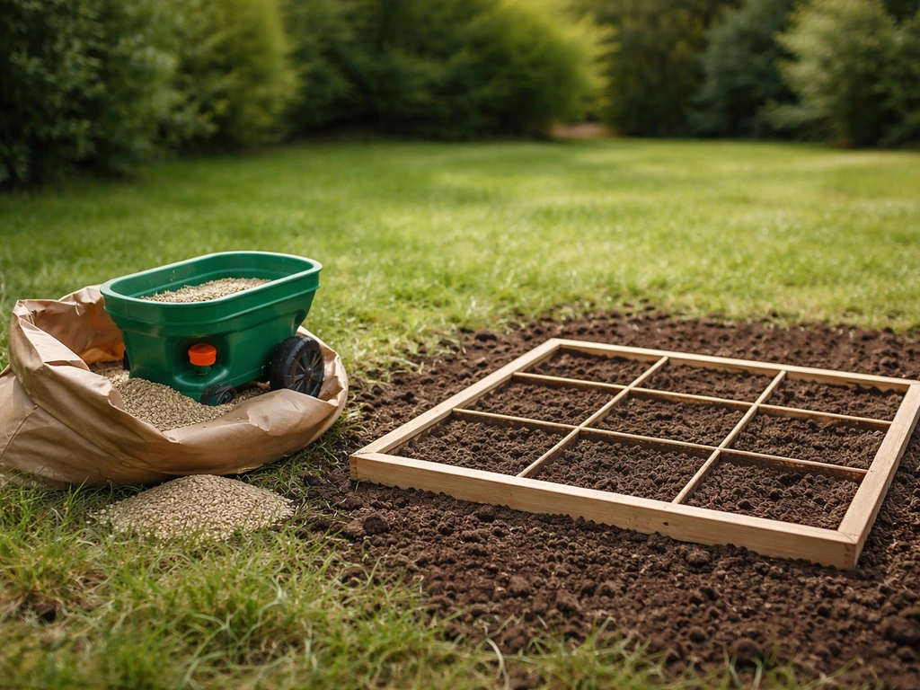 Sachet de graines et épandeur manuel à côté d’une zone de semis préparée dans un jardin.