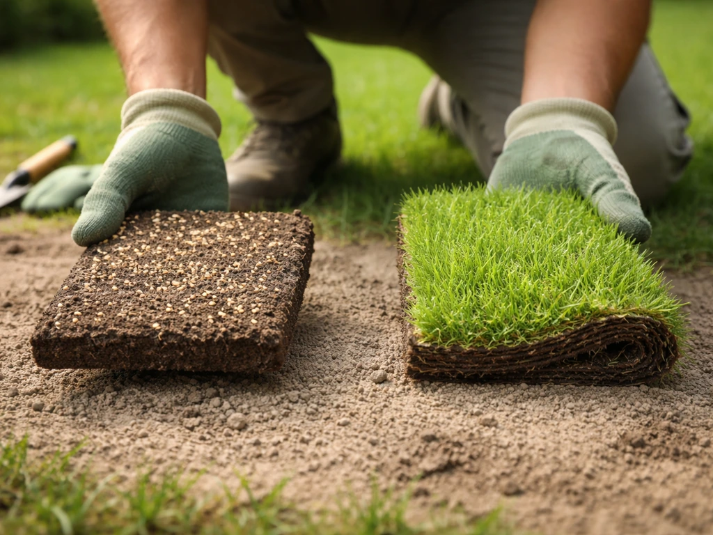 Deux échantillons de gazon comparés : semis à gauche et rouleau de gazon à droite, jardin minimal.