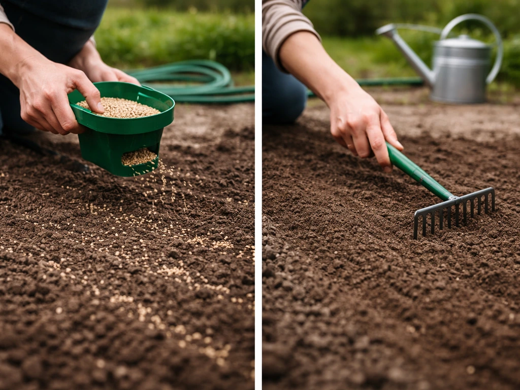 Jardinier répand des graines pour un semis, puis ratisse légèrement la terre, arrosage visible.