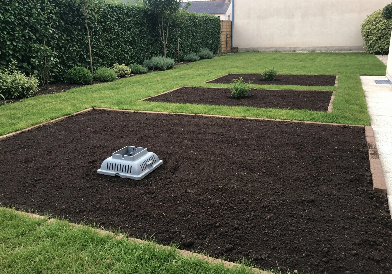 Jardin français avec un gazon dense et régulier, bordures nettes et sol peu nu, aspect durable.