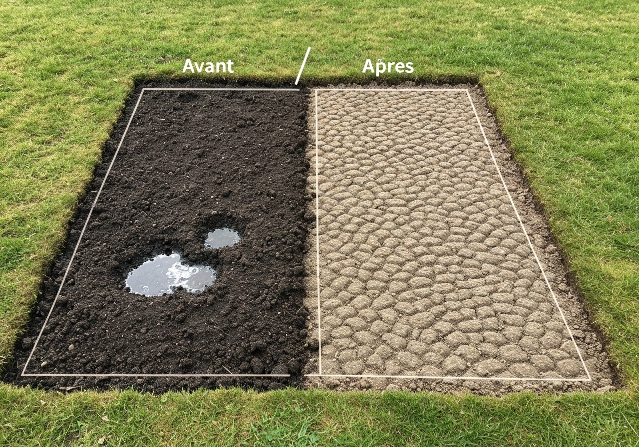 Comparaison d’un sol argileux compact et luisant vs sol ameubli plus grumeleux, avec relief de drainage.
