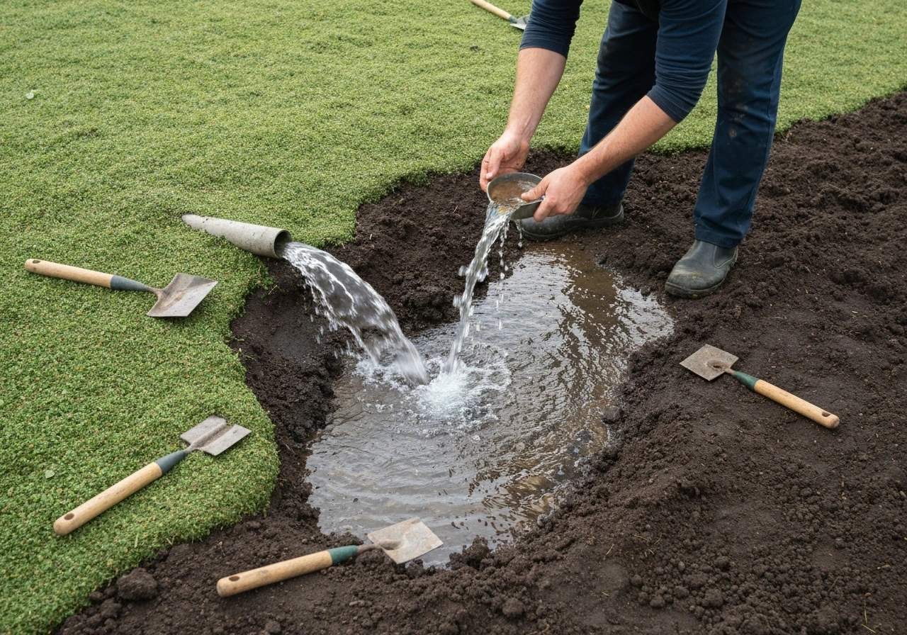 Test d’infiltration sur gazon : de l’eau versée s’infiltre dans un sol amendé, sans stagnation.