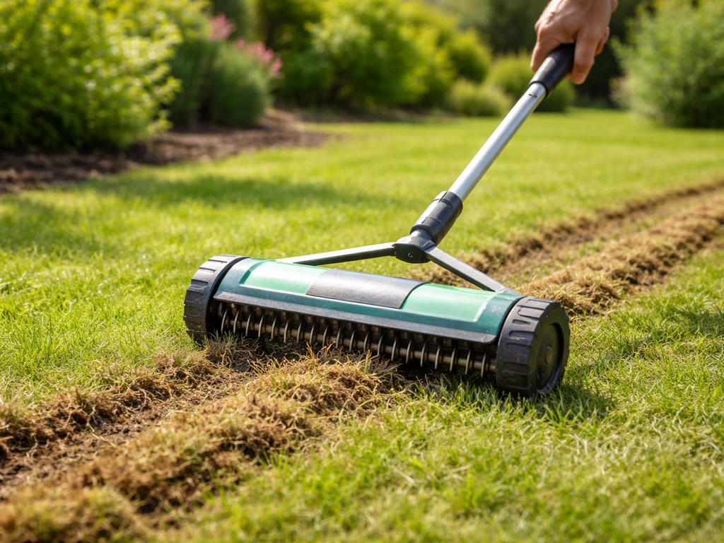 Scarificateur à roulettes qui passe sur un gazon de printemps, sol légèrement remué et brins visibles.