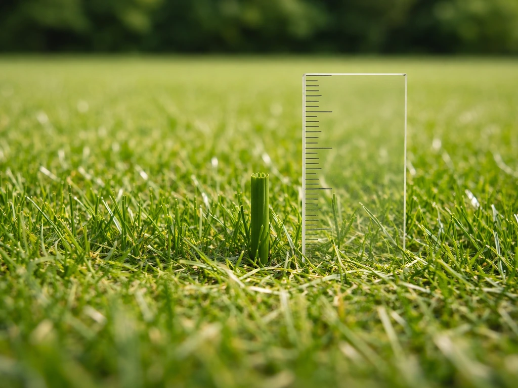 Mesure de la hauteur de coupe sur un brin d’herbe, tonte nette et gazon vert, lumière naturelle.