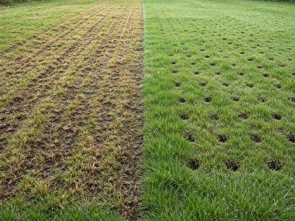 Gazon en deux zones distinctes : l’une griffée par scarification, l’autre aérée avec des petits trous visibles.