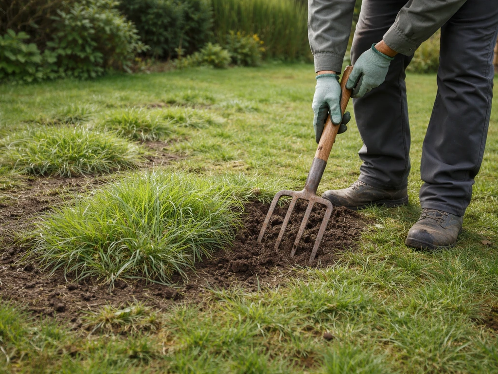 Pelouse envahie par le chiendent, jardinier en gants avec fourche-bêche près d’une zone à traiter