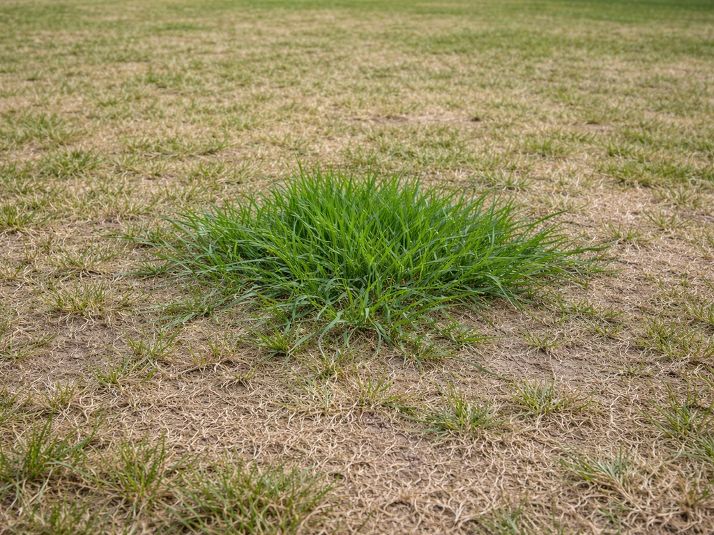 Pelouse tondue trop ras avec sol visible et un foyer de chiendent vert s’étendant dans l’herbe clairsemée.