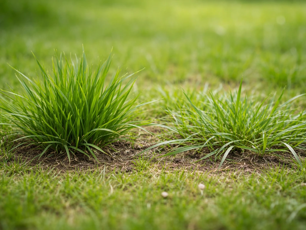 Comparaison au sol entre ray-grass vivace en touffe compacte et chiendent traçant, côte à côte.