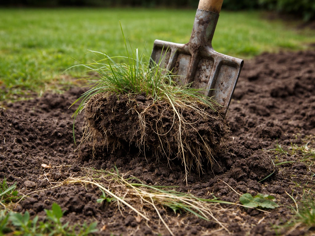 Gros plan sur une fourche-bêche arrachant une touffe de chiendent avec rhizomes partiellement sortis.