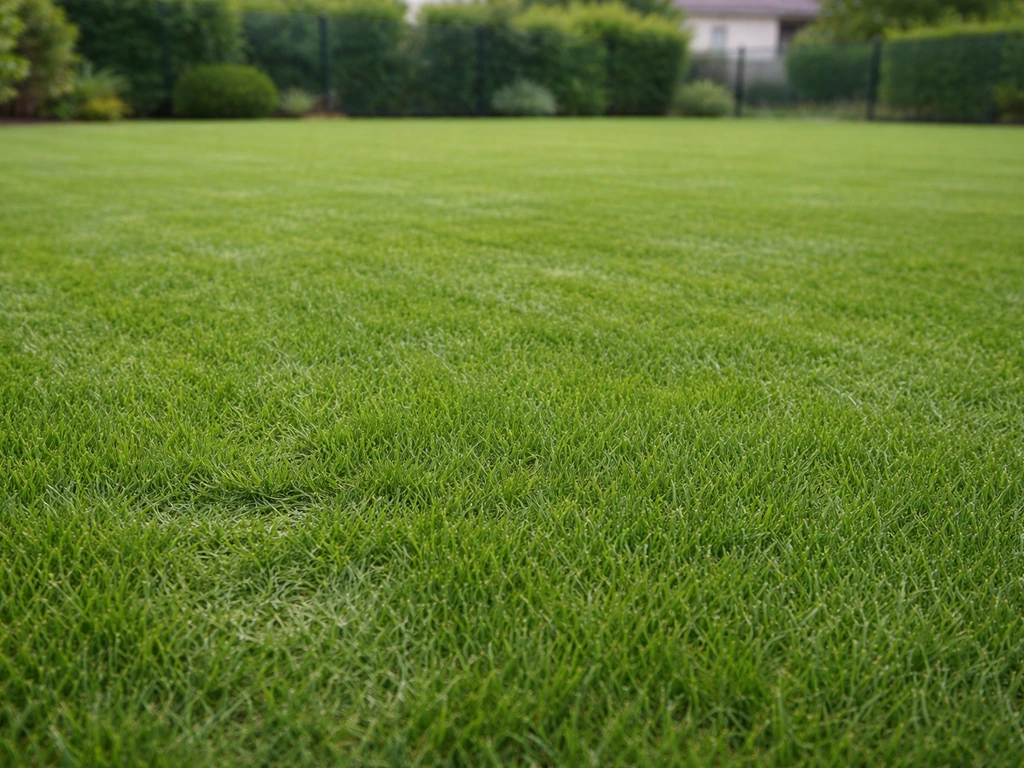 Pelouse dense et uniforme, texture nette, légère trace de piétinement dans un jardin résidentiel français.