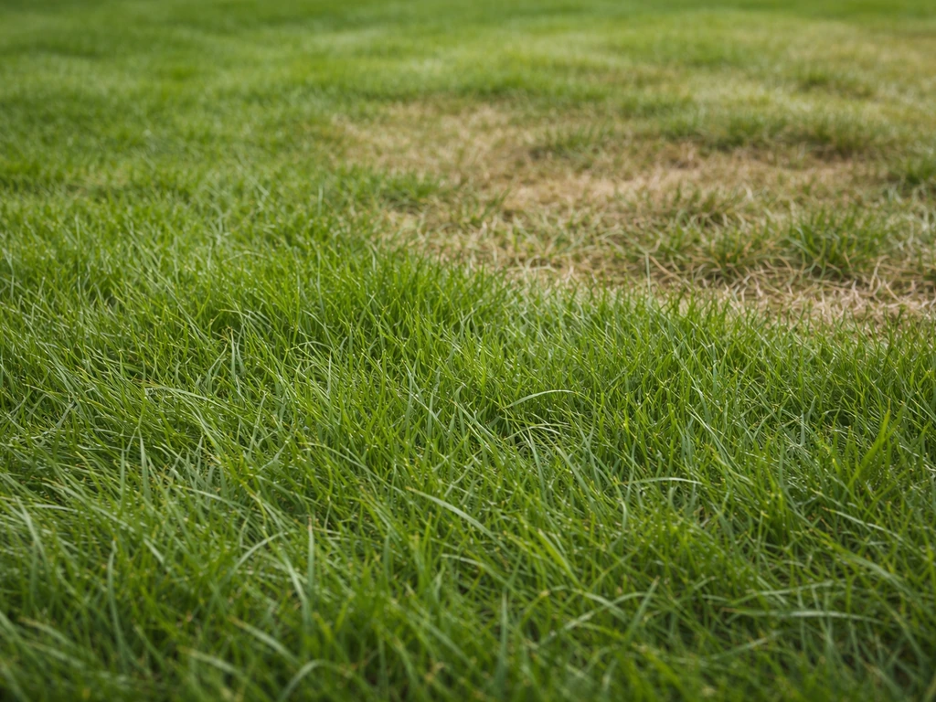 Gazon en brins robustes après piétinement, avec zones plus ternes dues au manque d’eau et d’ombre