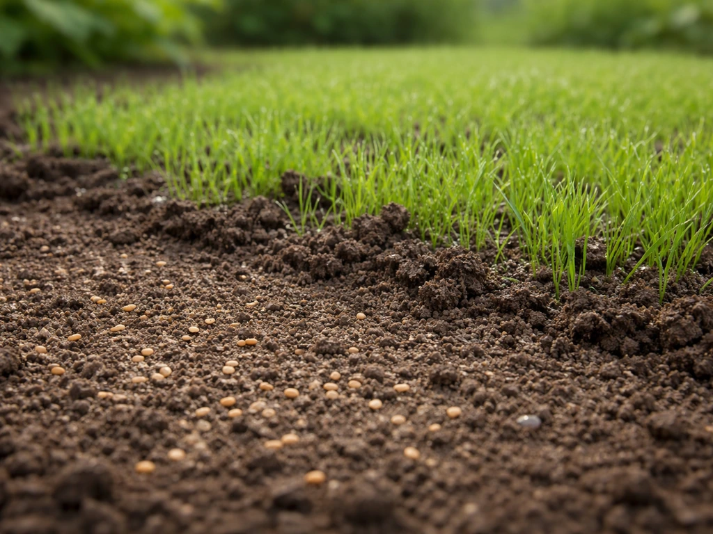 Gros plan de jeunes brins verts sortant du sol à côté d’un semis récent, densité et régularité visibles.