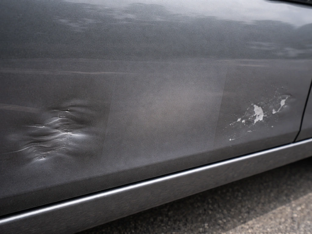 Gros plan sur trois zones de carrosserie : piétinement, éclaircie et peinture écaillée sur une voiture.