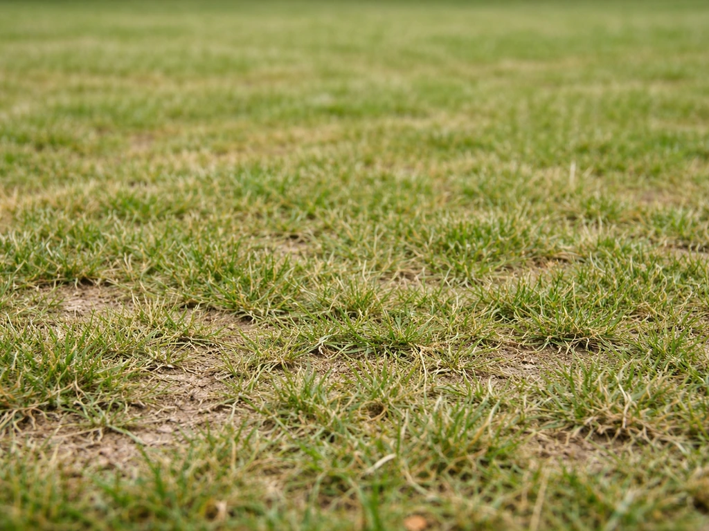 Gros plan d’une pelouse tondue trop rase : herbe très courte, couleur terne et densité réduite.