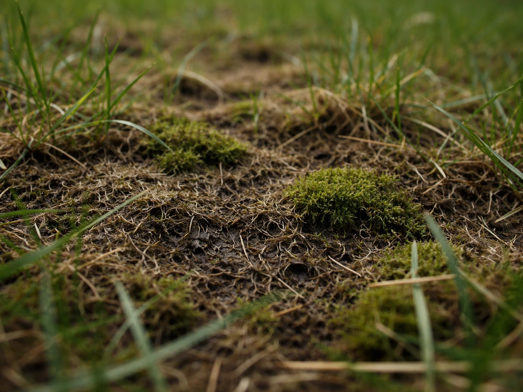 Gazon au sol : mousse et couche feutrée entre les brins, vue rapprochée au niveau du sol.