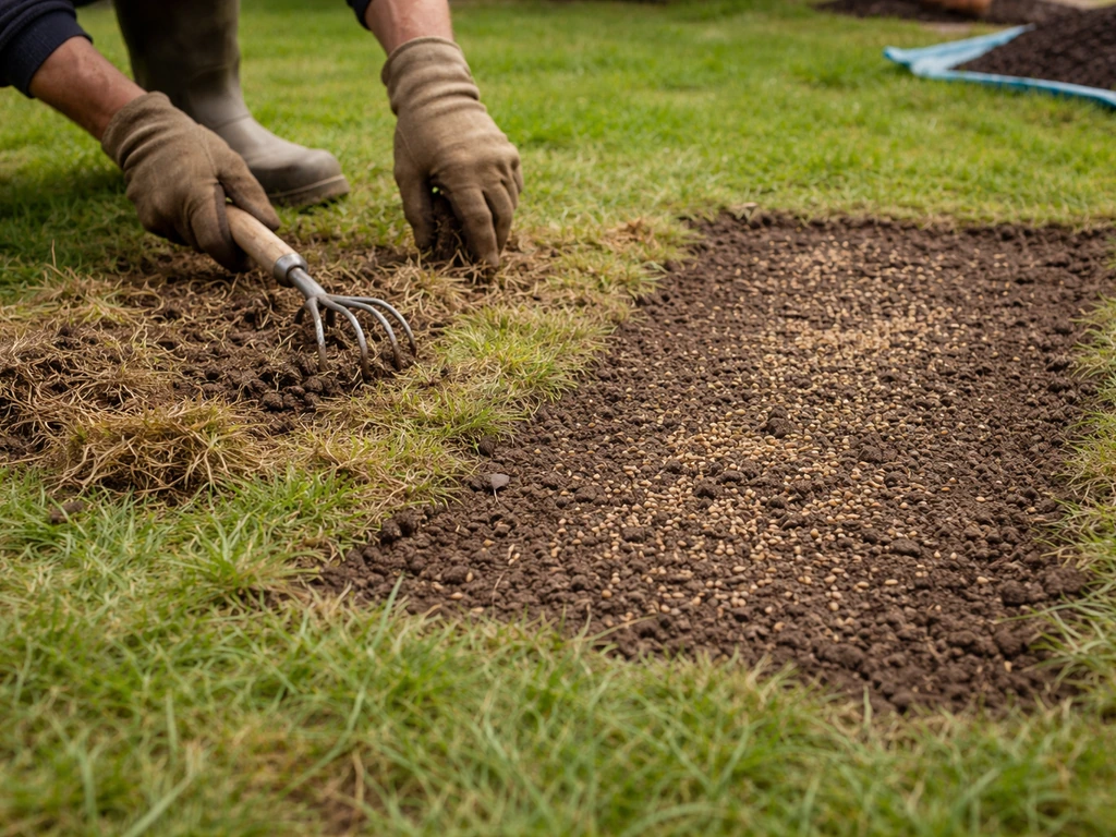 Travail au jardin : scarification localisée puis regarnissage avec semences sur sol préparé
