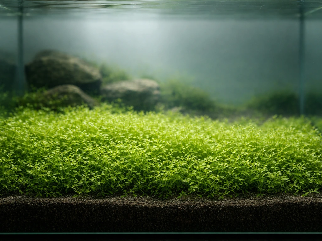 Bac aquarium low-tech avec tapis végétal dense, eau claire et lumière douce, sans équipement CO2 visible.