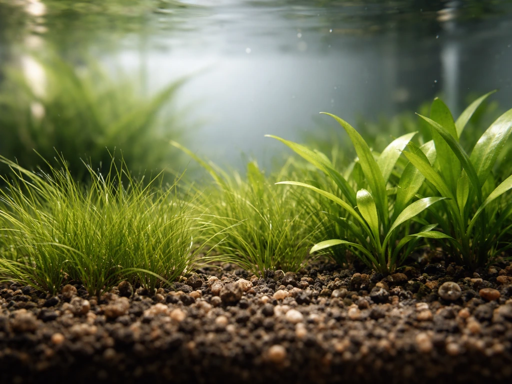 Plan rapproché de plantes gazonnantes vertes dans un bac aquarium low-tech sans injection.