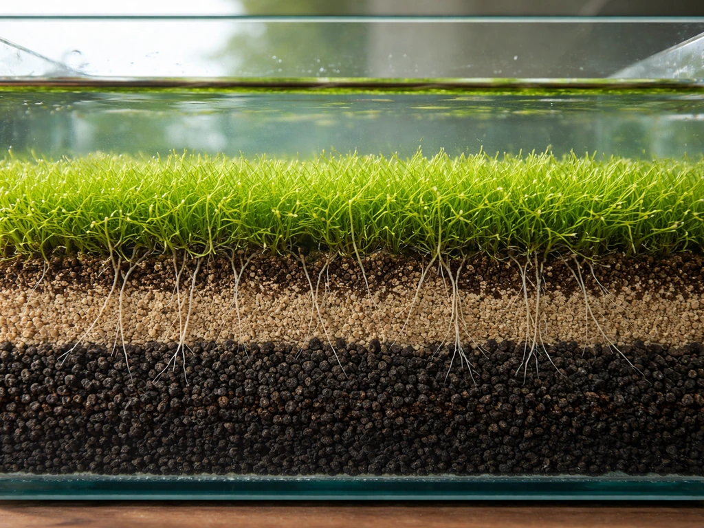 Détail d’un aquarium avec substrat en couches sous un tapis végétal, empilement visible et espace de pousse.