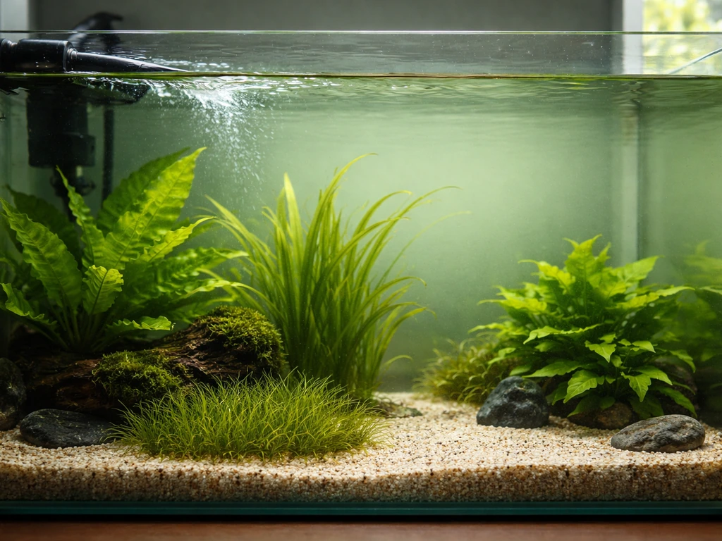 Aquarium avec un flux d’eau doux : rejet régulier et retour orienté pour une stabilisation sans remous excessifs.