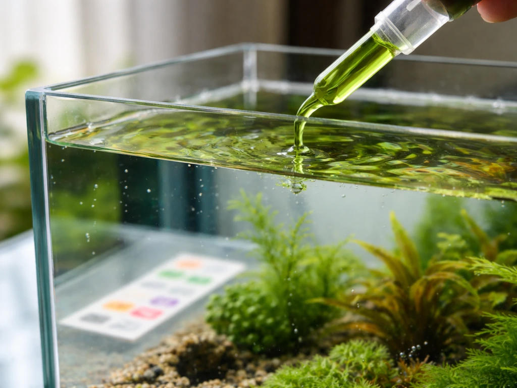 Gros plan sur une pince doseuse versant un engrais liquide, avec une bandelette de test NO3/PO4/Fe floue en arrière-plan