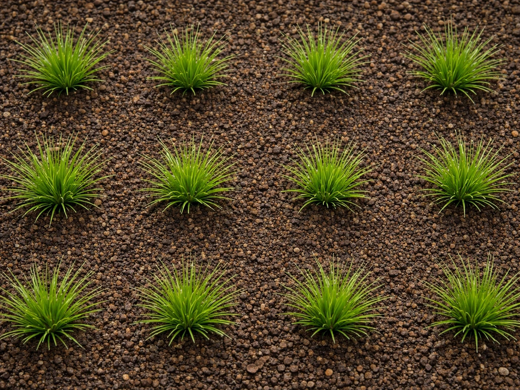 Vue de dessus d’une plantation de gazonnantes en touffes en quinconce, espacées de 2 à 3 cm sur le substrat