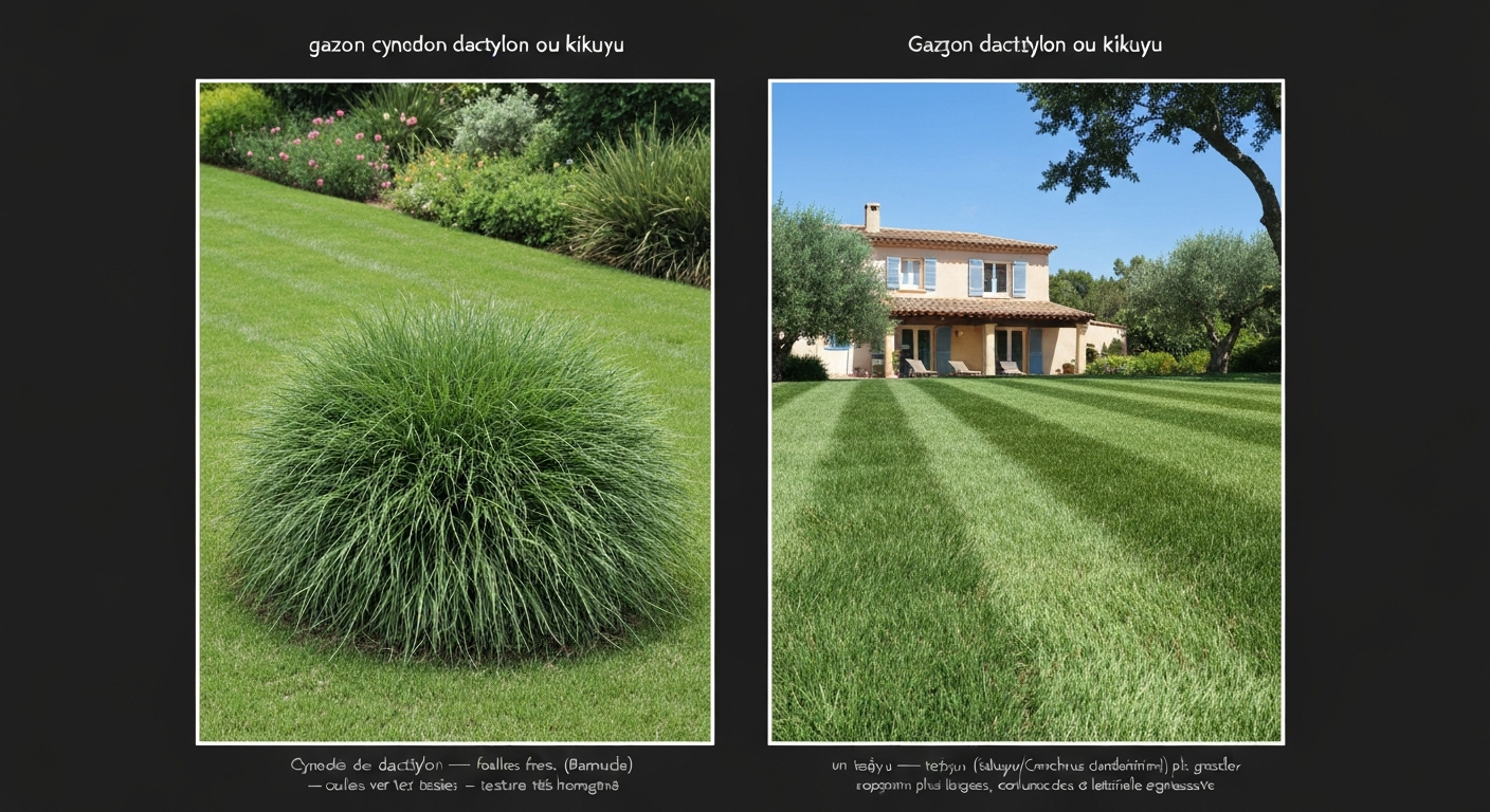 Comparaison côte à côte d'une pelouse de Cynodon dactylon (à gauche) et d'une pelouse de Kikuyu (à droite) dans un jardin méditerranéen français, montrant différence de texture et de croissance.