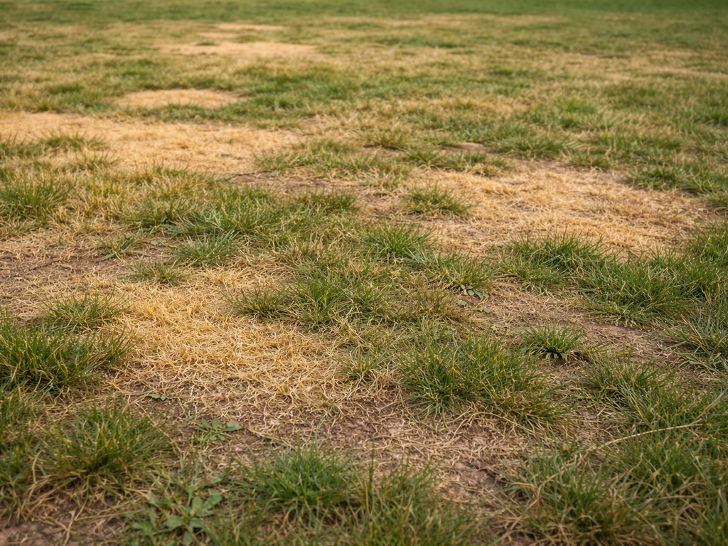 Vue au sol d’un gazon avec zones jaunies et parties clairsemées, avant rénovation.