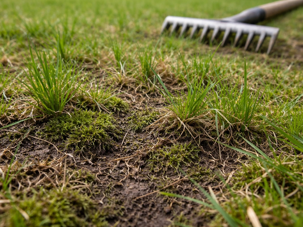 Pelouse humide envahie de mousse et feutre végétal, râteau de jardin partiellement visible pour montrer le diagnostic