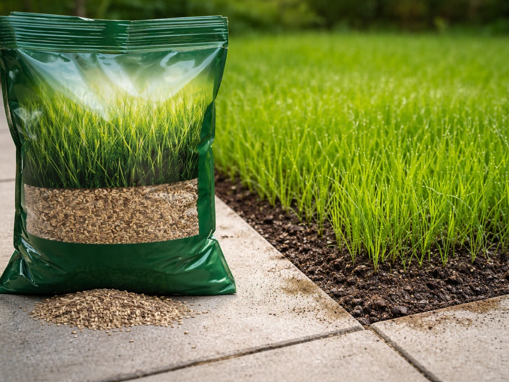 Sac de graines de gazon de supermarché et jeune pelouse en germination, lumière naturelle douce.