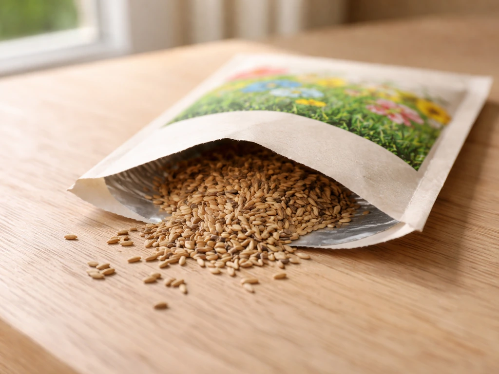 Gros plan d’un sachet de semences ouvert avec graines visibles et étiquette de catégorie lisible.
