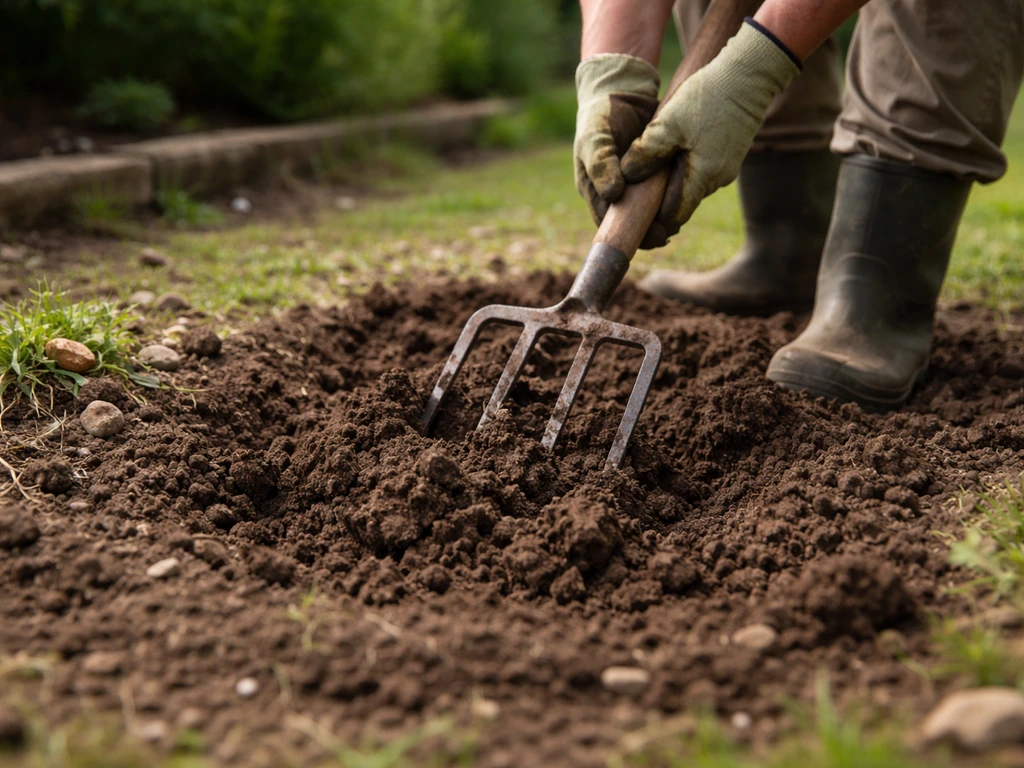 Jardinier qui bêchonne le sol sur 10–15 cm, avec cailloux et herbes retirés, sol ameubli et propre